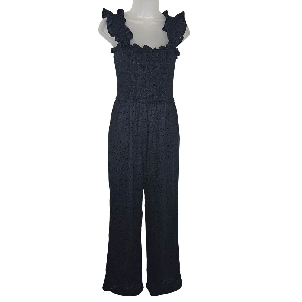 Lulus Navy Blue‎ Eyelet Lace Wide-Leg Jumpsuit Sz M - Picture 5 of 7